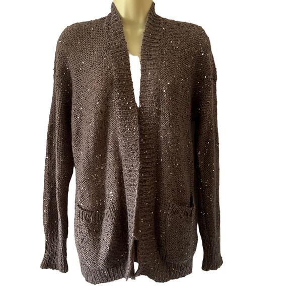 Express Size M Sequin Embellished Taupe Cardigan Sweater Open Front Pockets - Picture 1 of 9
